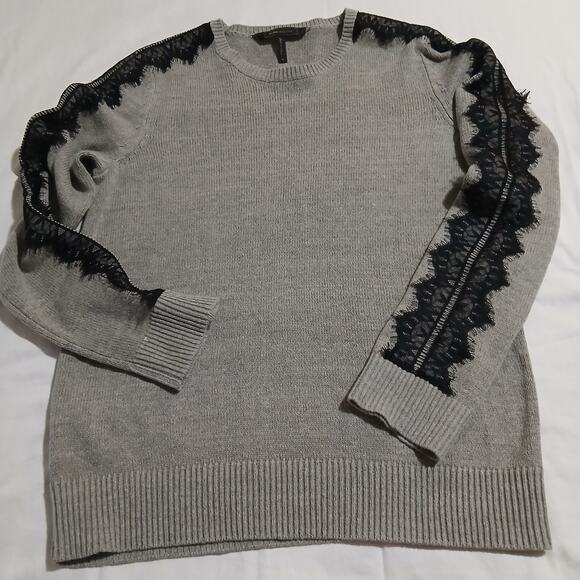 BCBG MAX AZARIA Med Grey Black-Lace-Accent Long-Sleeved Cotton Blend Sweater - Picture 3 of 13